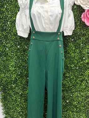 Emerald Green High-Waist Suspender Pants with Gold Buttons -  Dance Costume